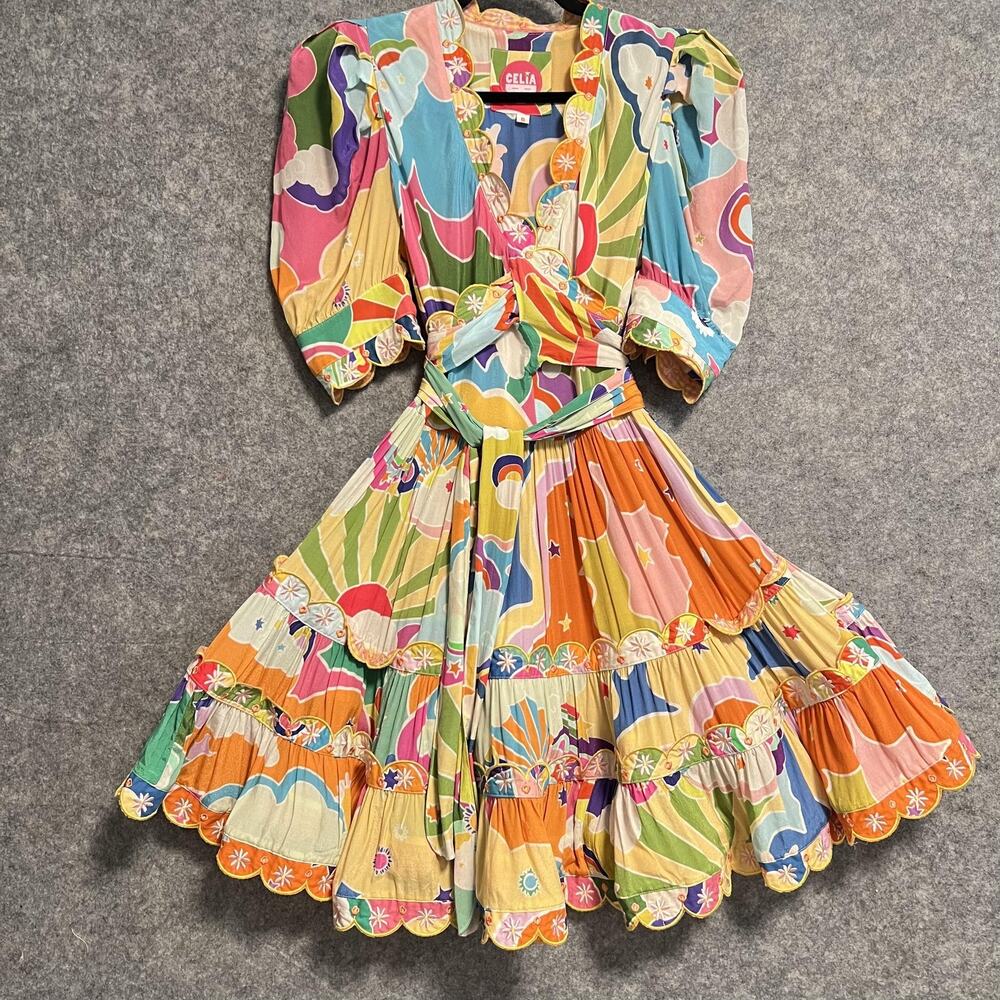 Celia B Dress Womens Size Small Multicolor Psychedelic Wrap Tie Fit Flare Mini
